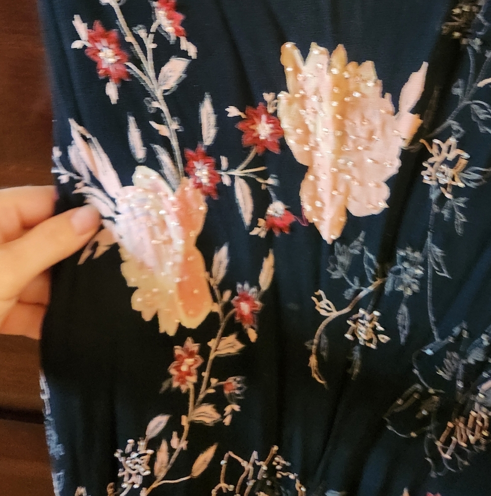 y2k black and pink floral beaded fit Vtg flare fairy Goth Whimsy dress 10 - Picture 6 of 10